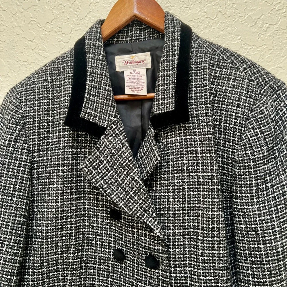 Worthington VTG Black White Tweed Blazer Velvet Collar Double Breasted Size 12T